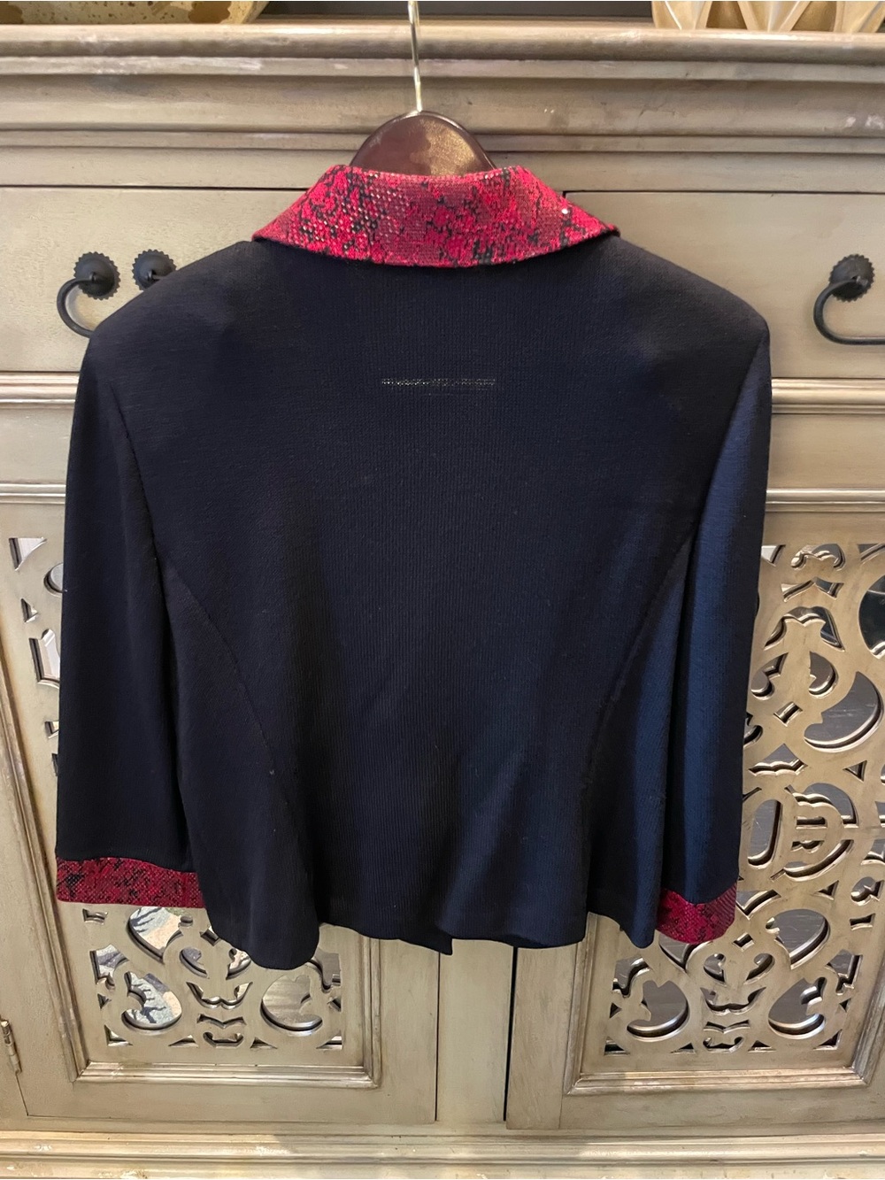 St. John black sweater Jacket with Red Snake-Print Trim - Picture 2 of 5